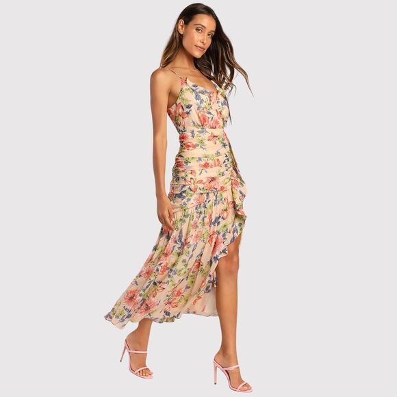 Lulu's Dresses & Skirts - Lulus Dress Blush Pink Stunning Soiree Floral Ruched Midi V Neck Chiffon Small